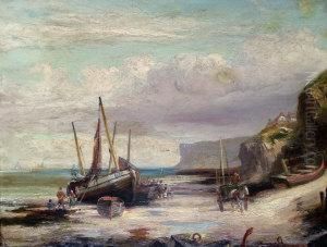 Fisherfolk And Beached Vessels On A Shore