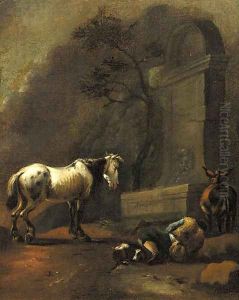 A traveller resting by a fountain in an Italianate landscape