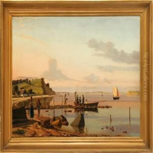 Idyllic Coastal Scene On A Calm Summer Day With Fishermen And Peasants On The Beach by Jorgen Roed