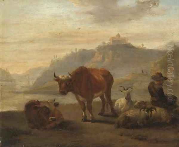 A river landscape with cattle and a shepherd and his flock in the foreground by Karel Dujardin