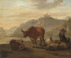 A river landscape with cattle and a shepherd and his flock in the foreground