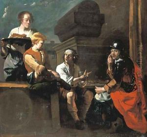Peasants and a soldier eating and conversing