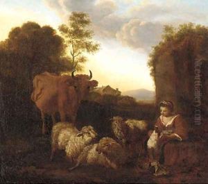 A Shepherdess with her livestock at dusk by Simon van der Does