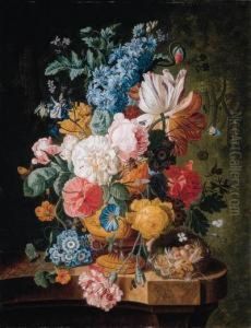 Roses, Lilies, Carnations, 
Polyanthus And Other Flowers In Asculpted Urn, A Wasp, Moth, Bee And A 
Bird's Nest On A Marbleledge