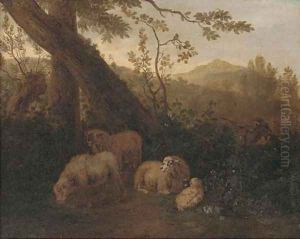 A wooded landscape with sheep in the foreground