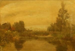 Boerderijen Aan De Plas. Gesigneerd. Verso 'noorden 1917' by Willem Roelofs