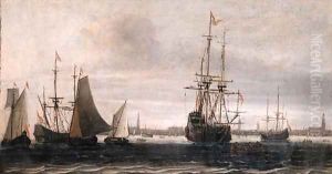 A man-of-war, a rowing boat and other shipping on the IJ, Amsterdam by Willem van Diest