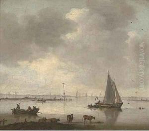 A river landscape with cattle and fishermen by Willem van Diest