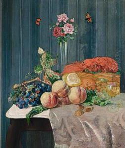 A Still Life With Roses In A 
Glass Vase, A Lobster, Butterflies, A Glass Of Wine And Fruits On A 
Table by Willem Roelofs
