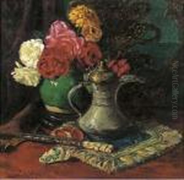 Roses In A Chinese Jar Amongst Oriental Objects - view 1