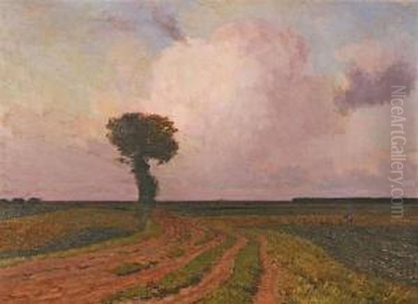 Vast Landscape With Lonely Tree And Farmer At Work - view 1
