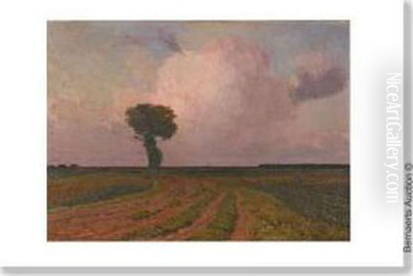 Vast Landscapewith Lonely Tree And Farmer At Work. - view 1