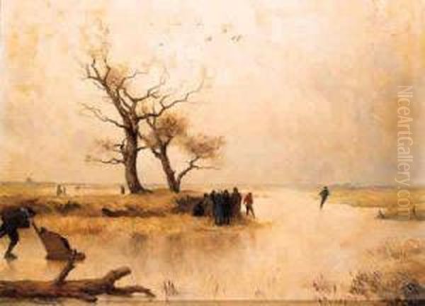 Winterfun: A Skater Pushing A Sledge On A Frozen River - view 1