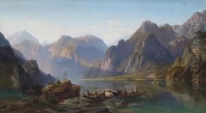 Hochgebirgslandschaft Mit Am Ufer Liegendem Kahn, Personen- Undtierstaffage