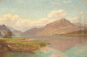 An Extensive View On A Lake With A Rowing Boat Moored Amongst Reeds. by Francois Roffiaen