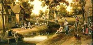 A Village Scene with Peasants on Banks of a Stream