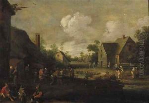 A village street with boors at table outside a tavern, beggars in the foreground