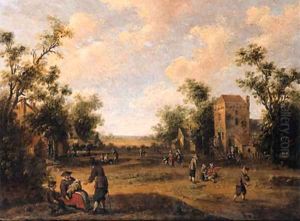 A village street with peasants resting and conversing