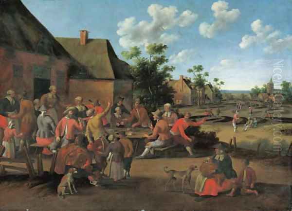 Peasants feasting outside an inn in a village - view 1