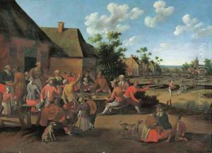 Peasants feasting outside an inn in a village