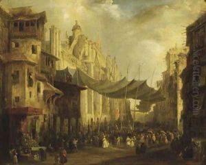 A Procession around the Cathedral of Seville by Genaro Perez Villaamil Y Duguet
