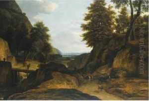 A Wooded Mountain Landscape With
A Herdsman And His Cattle, A Traveler Crossing A Bridge Over A Stream by Roelandt Roghman