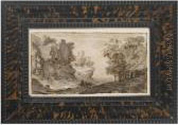 Mountainous Wooded Landscape With Travellers - view 1