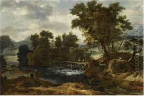 A River Landscape With
Travellers Crossing A Wooden Bridge And Two Fishermen On The Nearside
Riverbank - view 1