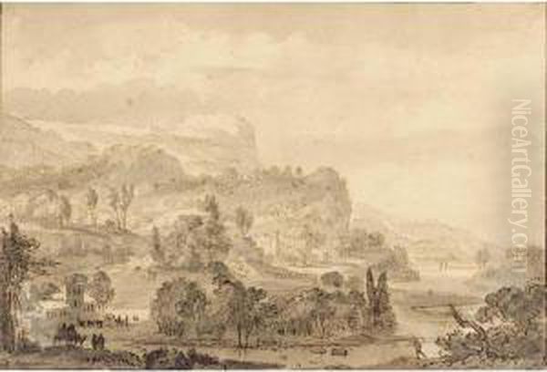Recto: An Extensive Mountainous 
River Landscape With Travellers And Buildings In The Valley - view 1