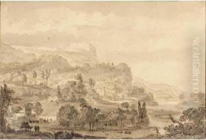 Recto: An Extensive Mountainous
River Landscape With Travellers And Buildings In The Valley by Roelandt Roghman