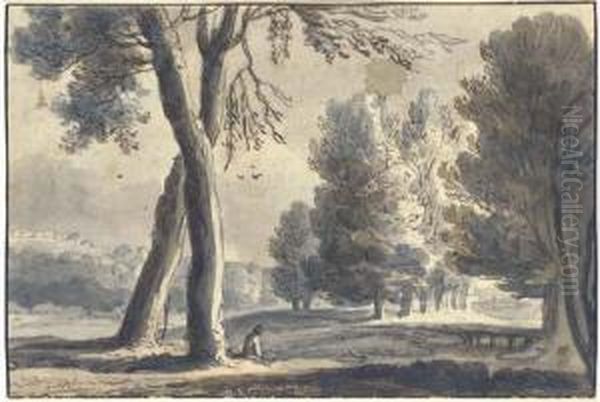 An Extensive Wooded Landscape, A Figure Seated Under A Tree In Theforeground - view 1