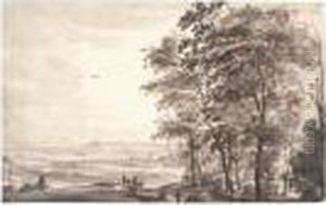 A Group Of Tall Trees Before A Panoramic Landscape