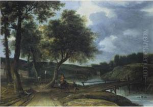 A River Landscape With Travellers On A Track And Anglers On A Bridge