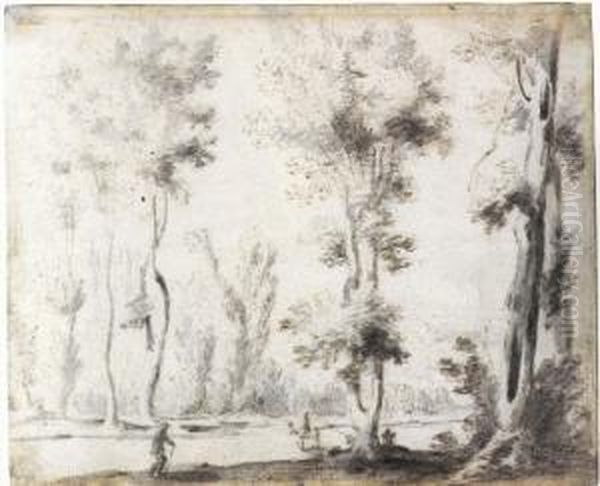 Travellers On A Tree-lined Road - view 1