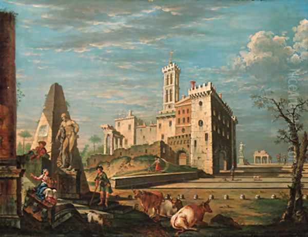 A capriccio, with a castello and figures by the Farnese Hercules - view 1