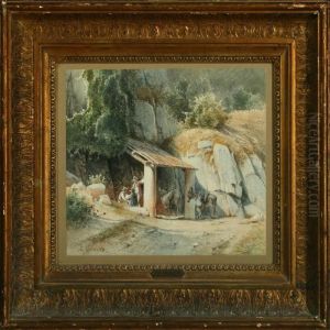 Italian Landscape With Shepherds And Their Donkeys