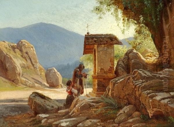 Worshippers By A Roadside Altar In Italy - view 1