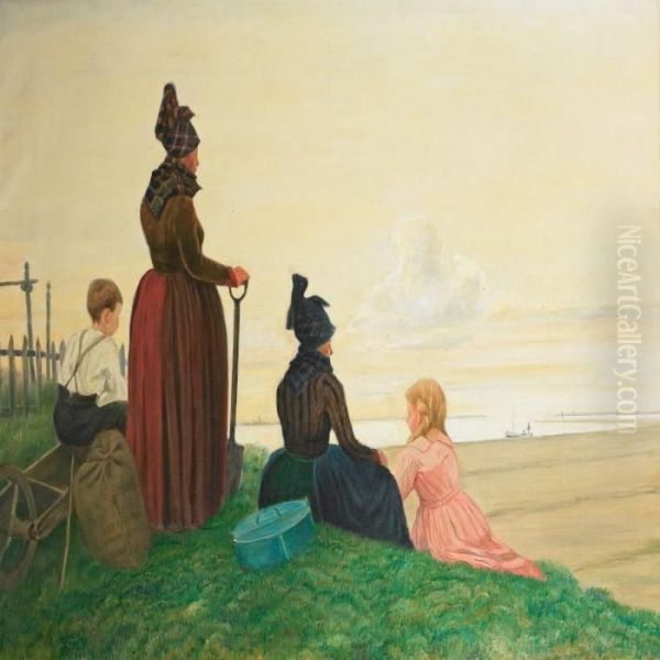Women And Children From The Island Fanoe Waiting For Thereturned Fisherman - view 1