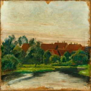 A Danish Landscape Withred Roof Ridges In The Evening Sun by Johan Gudmann Rohde