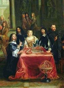 Christina of Sweden 1626-89 and her Court detail of the Queen and Rene Descartes 1596-1650 at the Table by Pierre-Louis the Younger Dumesnil