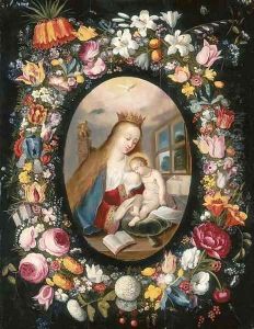 A garland of flowers surrounding a medallion of the Virgin and Child by Andries Daniels or Danielsz