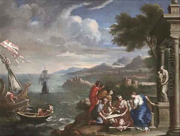 A Mediterranean coastal landscape with shipping and figures before a statue of the Madonna and Child in a classical portico - view 1