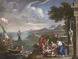 A Mediterranean coastal landscape with shipping and figures before a statue of the Madonna and Child in a classical portico by Domenico Zampieri (Domenichino)