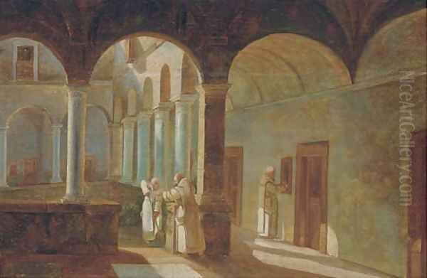 Monks in a sunlit cloister - view 1