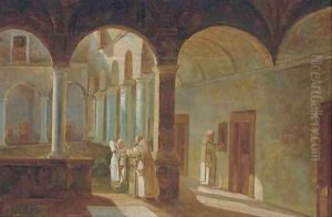 Monks in a sunlit cloister by Ferdinand Marie Delvaux
