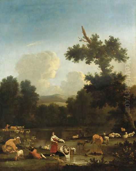 A wooded landscape with women washing clothesby a lake, with herdsmen, cattle and sheep - view 1
