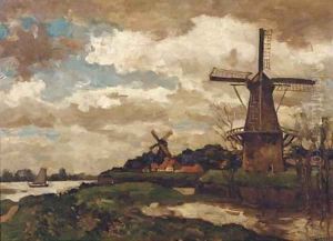 Omgeving Woudrichem windmills by a river by Charles Dankmeijer
