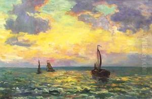 Avondstemming Noordzee sailingvessels on the Northsea at sunset