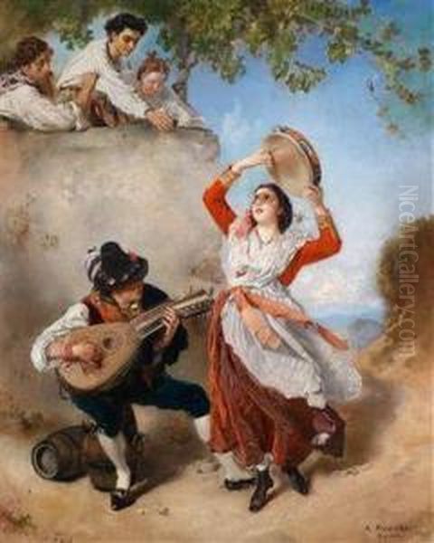 Tarantellatanzerin Und Mandolinenspieler In Frohlichergesellschaft - view 1