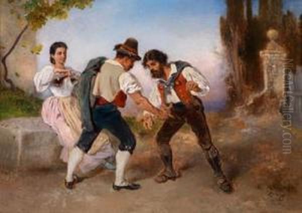 Italienischebauern Beim Morra-spiel Und Eine Bauerin Mit Weinflasche - view 1